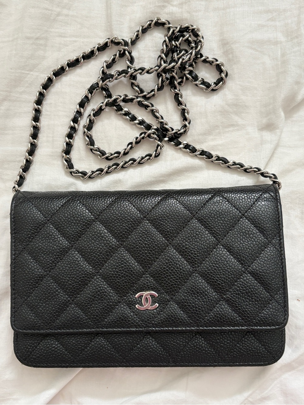 CHANEL Black Caviar Wallet on a Chain Silver